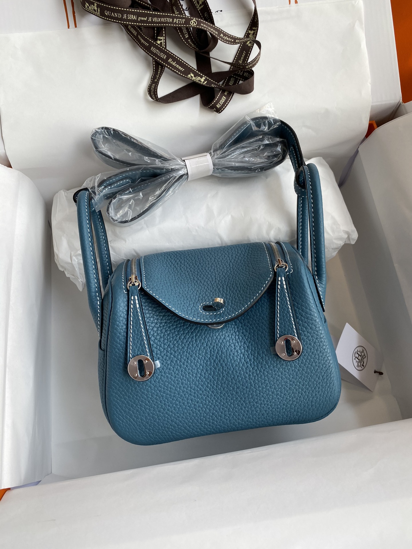 Hermes Mini Lindy 19cm Handbag Shoulder Bag In Blue Jean Clemence Leather